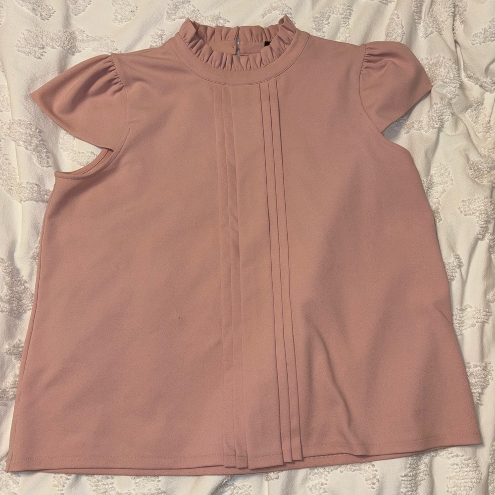 Ann Taylor Blush Pink Ruffle Mock Neck Pleated Short Sleeve Top
